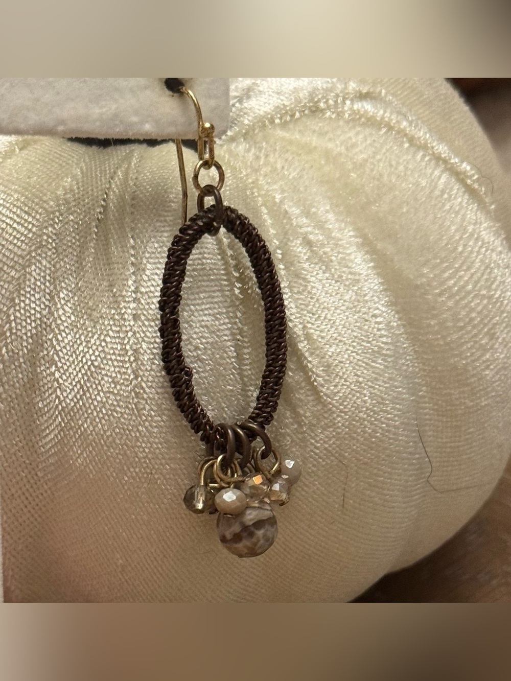 Brown Woven Hoop Dangle Earring with Bead Cluster - SINGLE